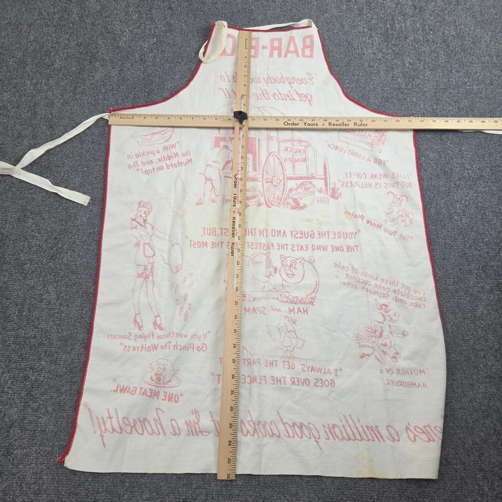 Vintage 50s BAR-B-Q Novelty Apron Red White Chuck Wagon Kitsch Mid Century BBQ